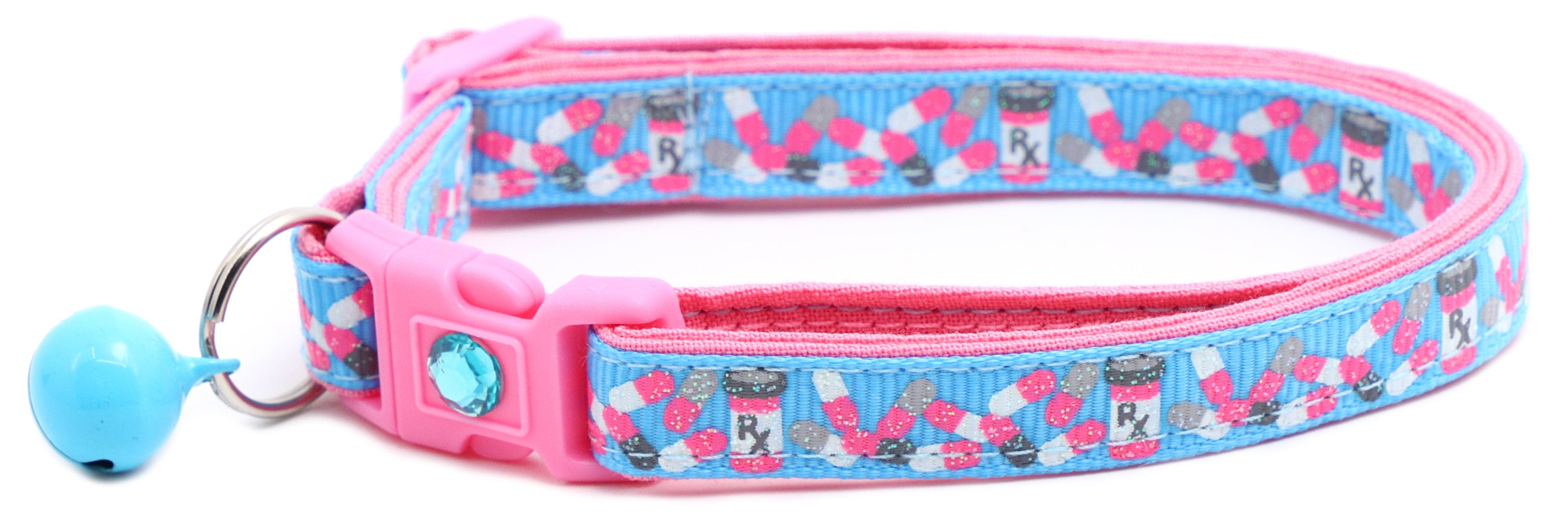 Handmade Pills Breakaway Cat Collar in reinforced cotton with adjustable sizes and breakaway clip for safety.
